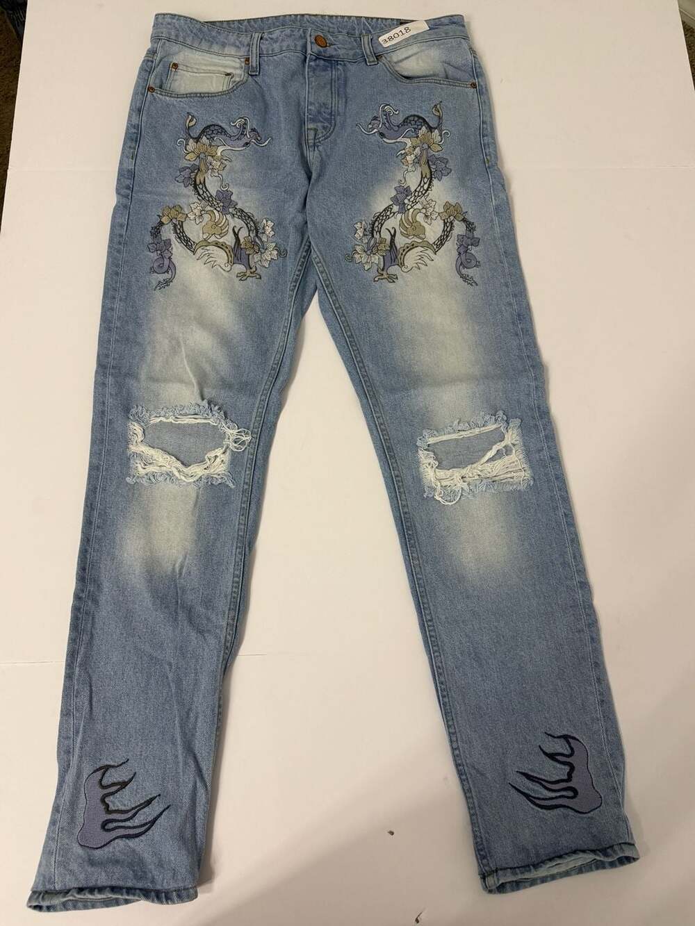 Karakuri Tamashii Light Wash Distressed Dragon Embroidered Jeans